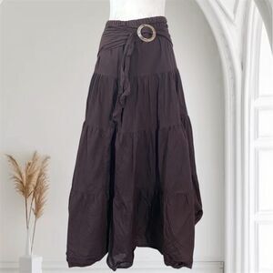 Plus Size 32 / 5X Dark Brown Cotton Boho Plus Size Belted Midi Maxi Skirt
